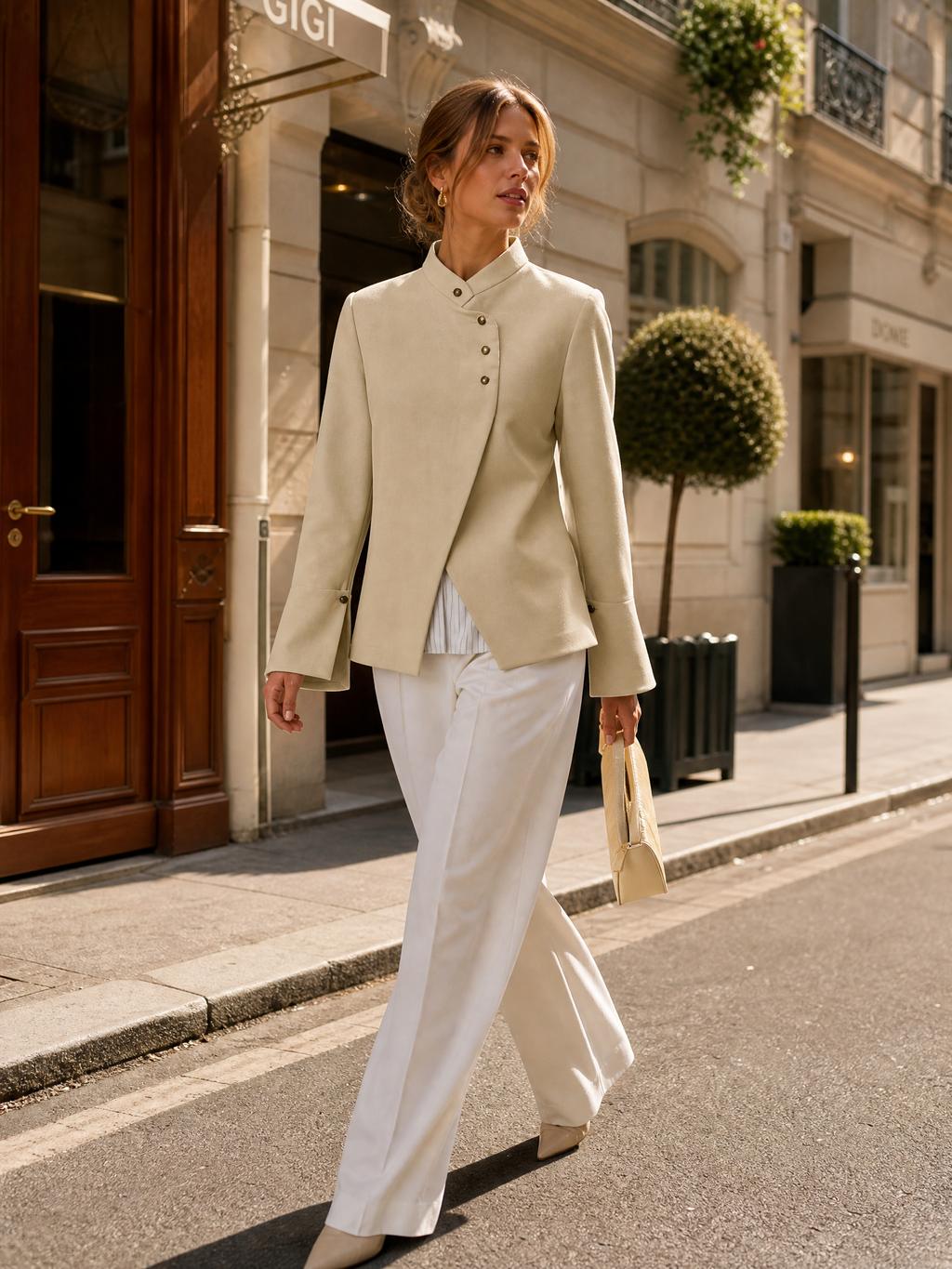 RJ001 Elegant Sand Beige Asymmetric Blazer Jacket - Minimalist Women's Outerwear with Flared Cuffs
