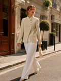 RJ001 Elegant Sand Beige Asymmetric Blazer Jacket - Minimalist Women's Outerwear with Flared Cuffs