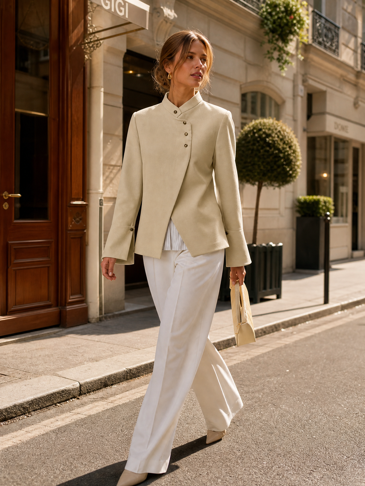 RJ001 Elegant Sand Beige Asymmetric Blazer Jacket - Minimalist Women's Outerwear with Flared Cuffs