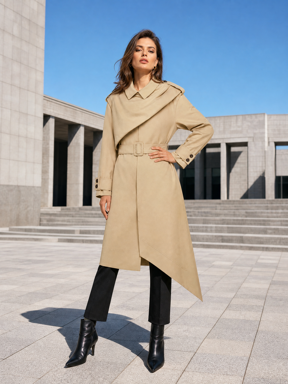 RTC001 Women's Chic Asymmetric Trench Coat | Elegant Khaki Midi Overcoat with Layered Lapel & Adjustable Belt
