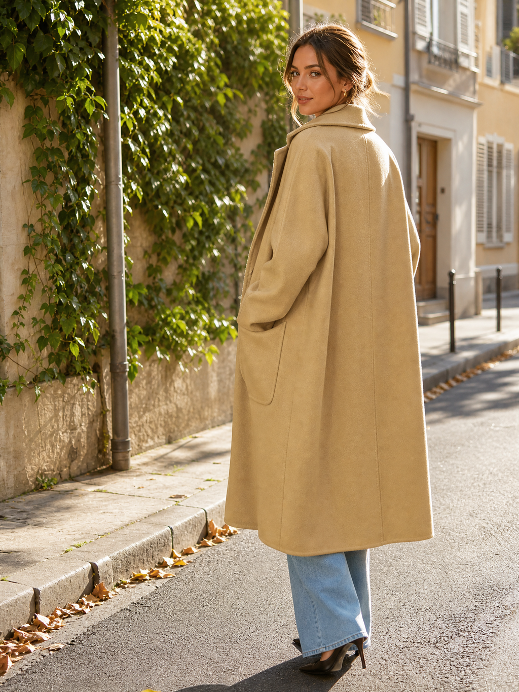 RWO001 Premium Camel Long Wool Blend Coat for Women - Warm Belted Winter Outerwear with Side Pockets - Chic Autumn Overcoat