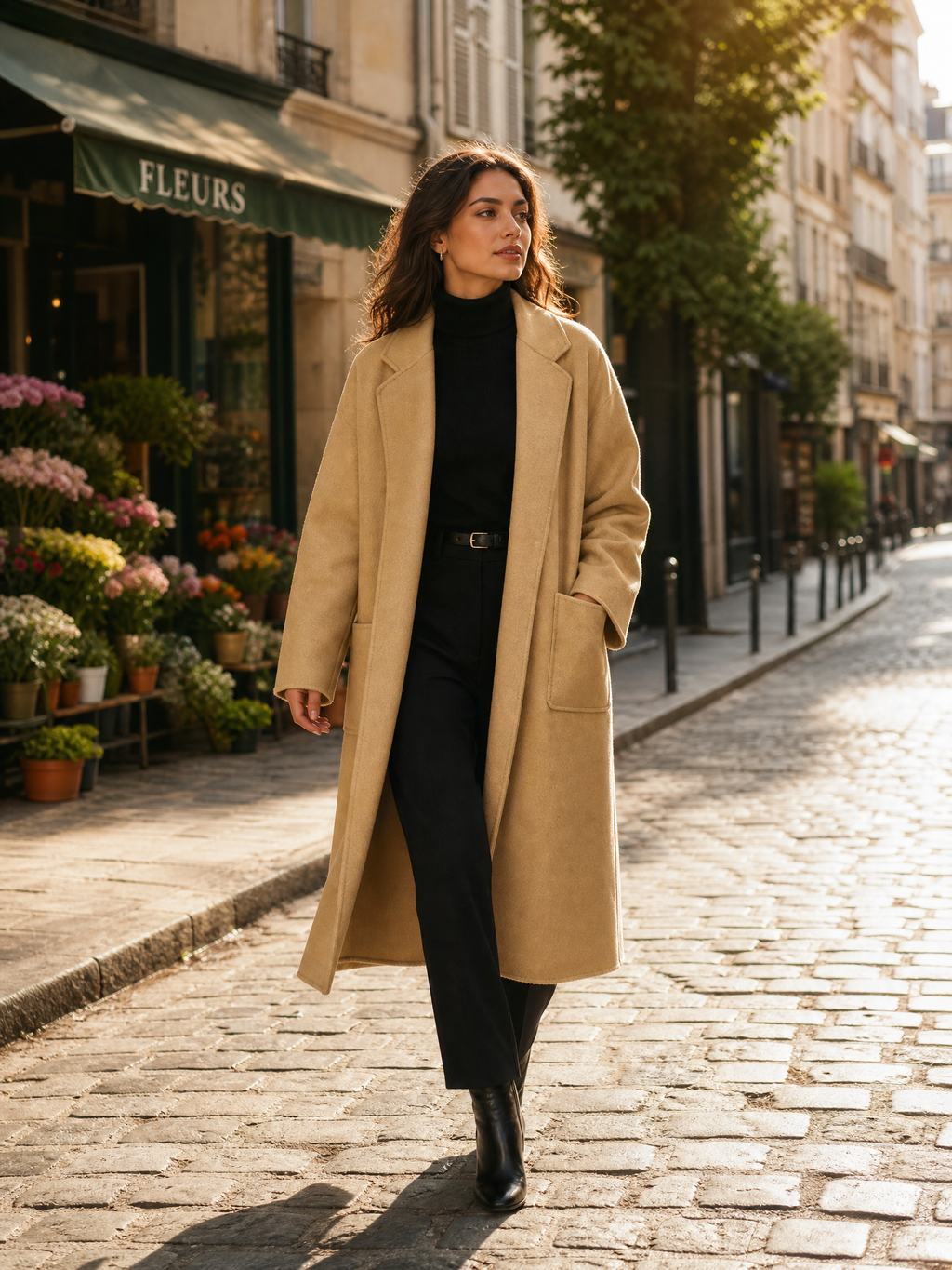 RWO001 Premium Camel Long Wool Blend Coat for Women - Warm Belted Winter Outerwear with Side Pockets - Chic Autumn Overcoat