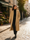 RWO001 Premium Camel Long Wool Blend Coat for Women - Warm Belted Winter Outerwear with Side Pockets - Chic Autumn Overcoat