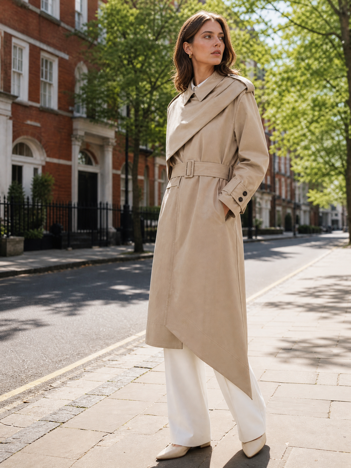RTC001 Women's Chic Asymmetric Trench Coat | Elegant Khaki Midi Overcoat with Layered Lapel & Adjustable Belt