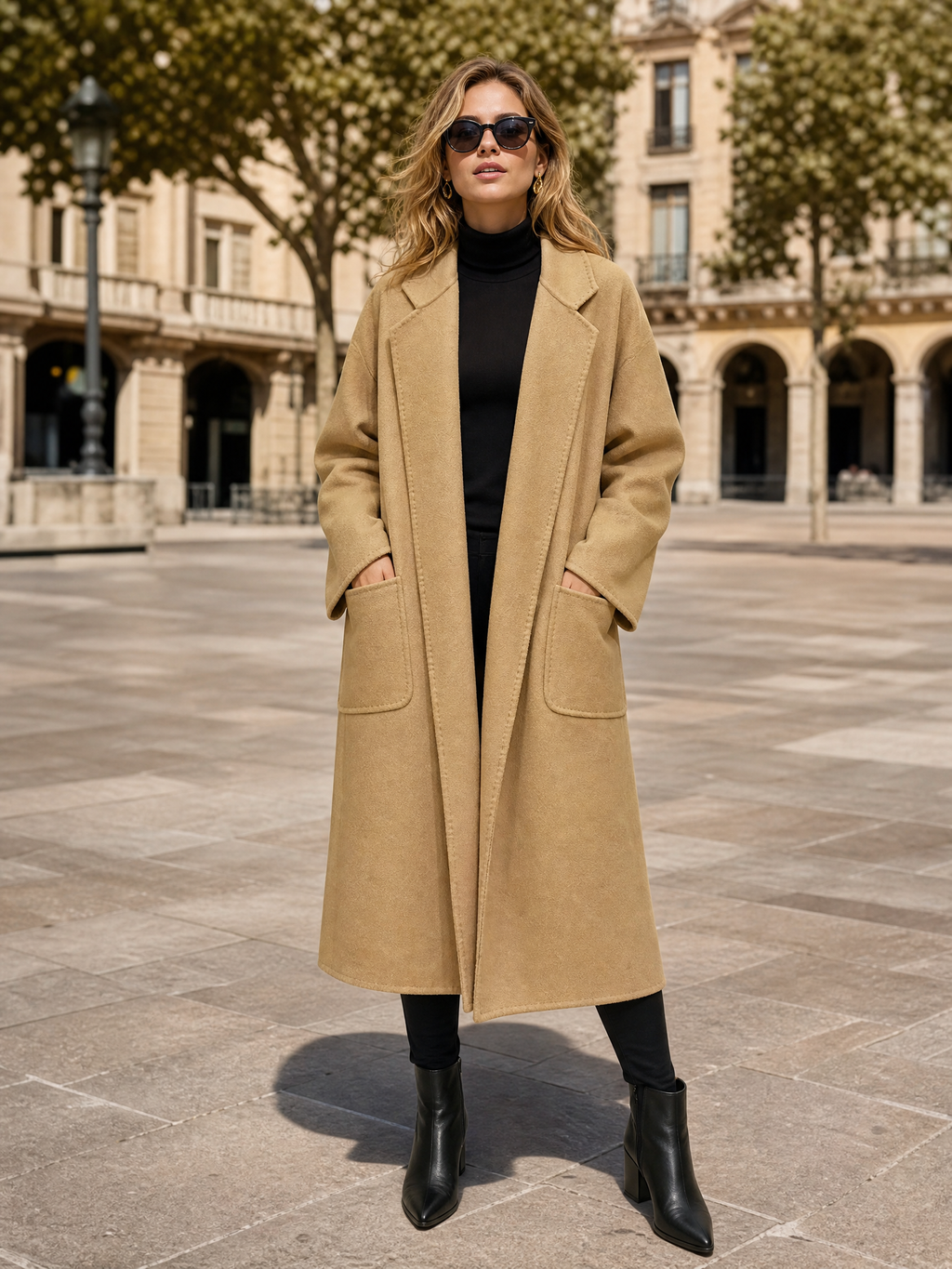 RWO001 Premium Camel Long Wool Blend Coat for Women - Warm Belted Winter Outerwear with Side Pockets - Chic Autumn Overcoat
