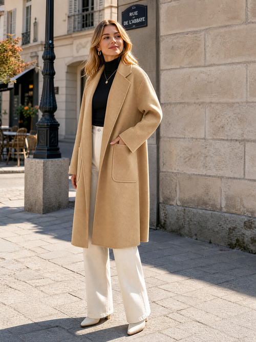 RWO001 Premium Camel Long Wool Blend Coat for Women - Warm Belted Winter Outerwear with Side Pockets - Chic Autumn Overcoat
